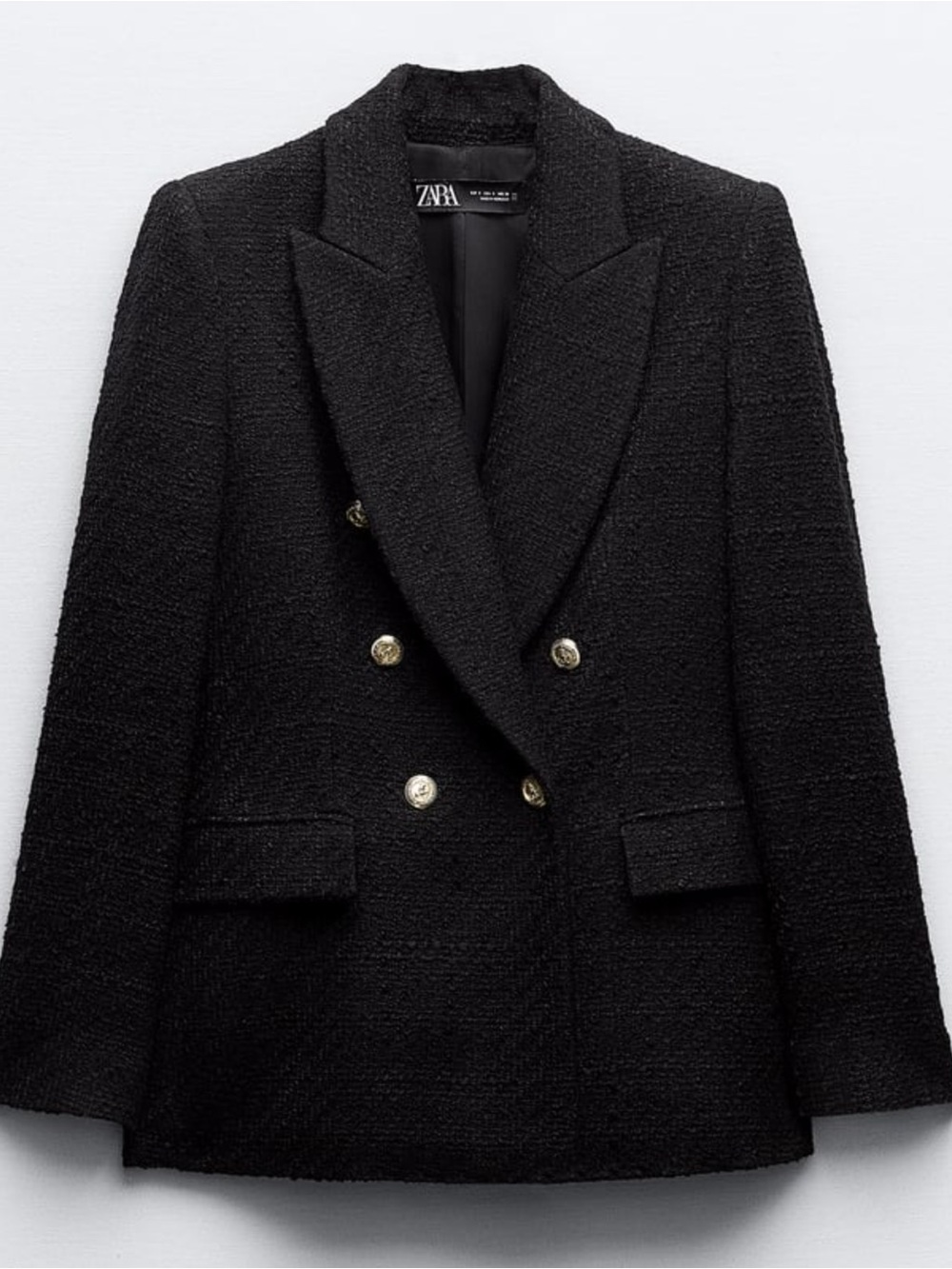 Zara Black Double Breasted Textured Weave Tweed Blazer Black Gold Buttons Size M